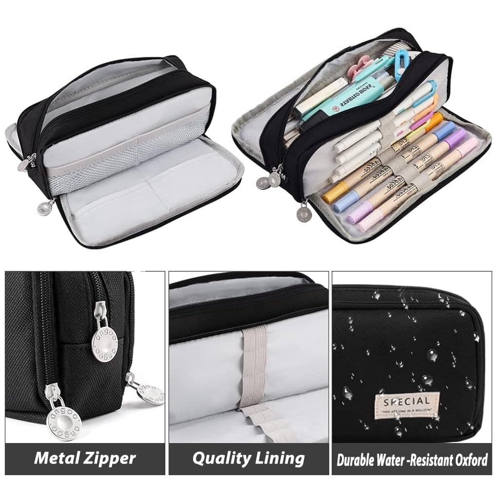 Climberty Large Capacity Pencil Case, 3 Compartment Pouch Pen Bag with 8 Elastic Pen Sleeves, 3 Zipper Portable Storage Pencil Pouch for School Teen Girl Boy Men Women (Black) Climberty Large Capacity Pencil Case, 3 Compartment Pouch Pen Bag with 8 Elastic Pen Sleeves, 3 Zipper Portable Storage Pencil Pouch for School Teen Girl Boy Men Women (Black)